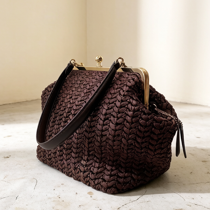 Luxury Bag Collection - Handgewebte Kisslock-Rahmen-Schultertaschen aus Raffia für Damen